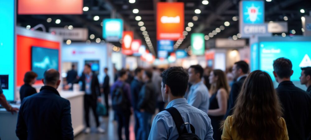Communication visuelle lors d’un salon professionnel, avec des visiteurs et des stands d’entreprise