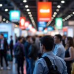 Communication visuelle lors d’un salon professionnel, avec des visiteurs et des stands d’entreprise