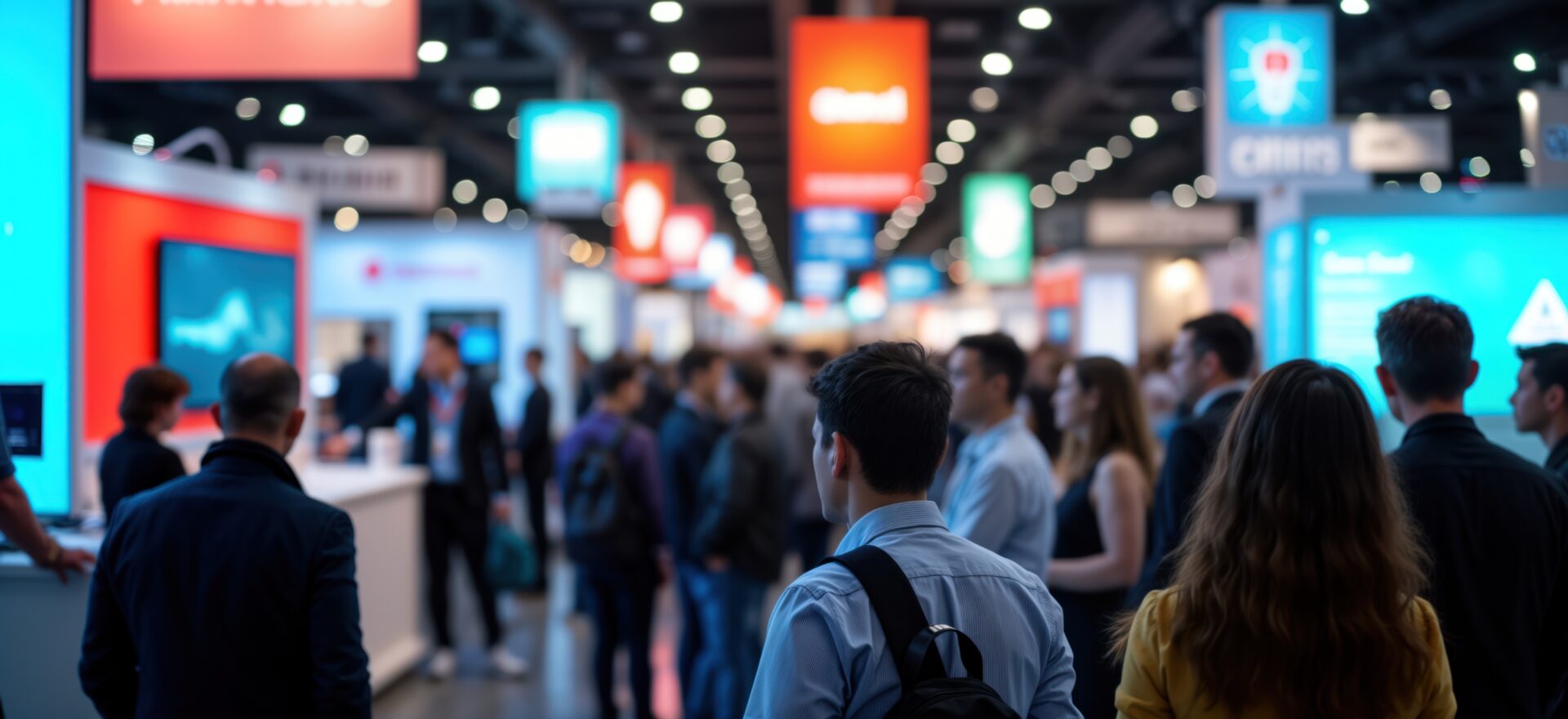 Communication visuelle lors d’un salon professionnel, avec des visiteurs et des stands d’entreprise