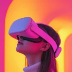 Femme utilisant un casque de réalité virtuelle dans un environnement immersif coloré.