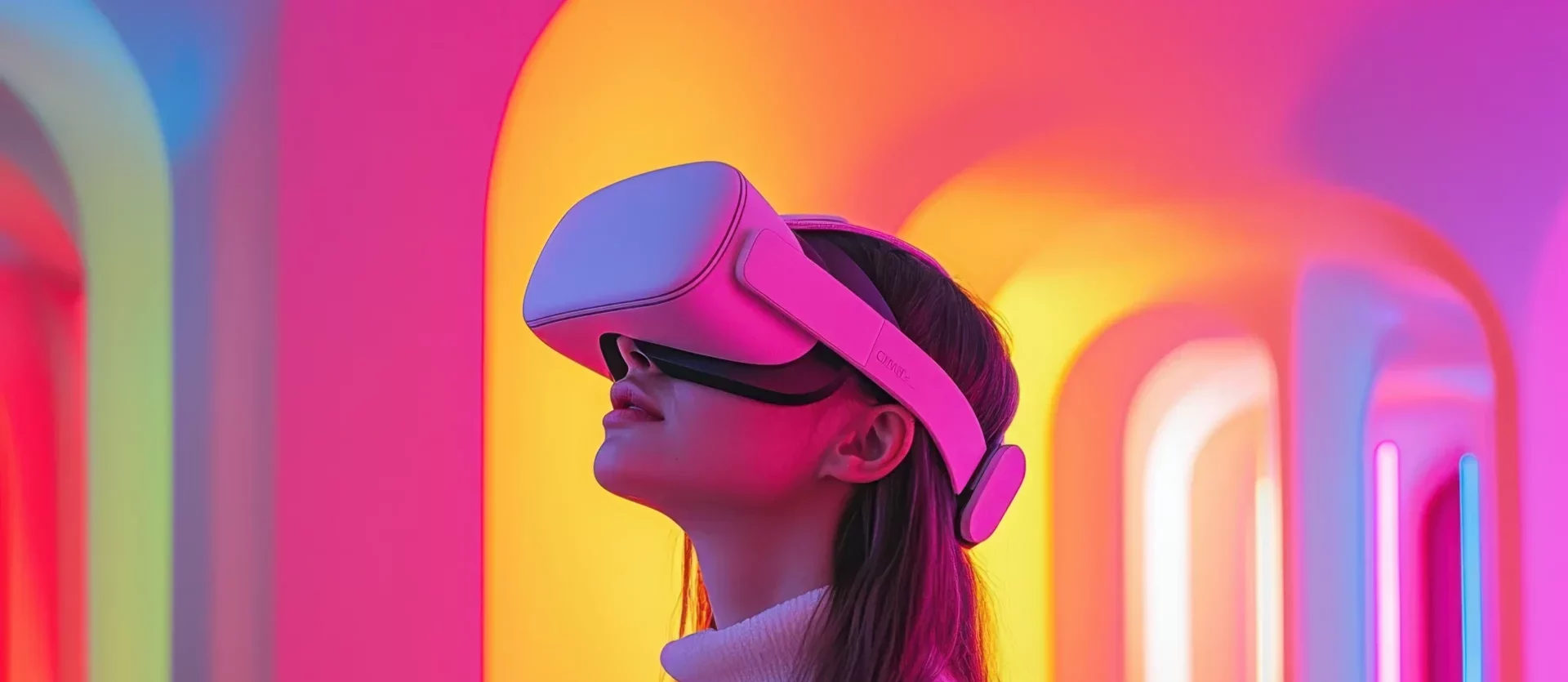 Femme utilisant un casque de réalité virtuelle dans un environnement immersif coloré.