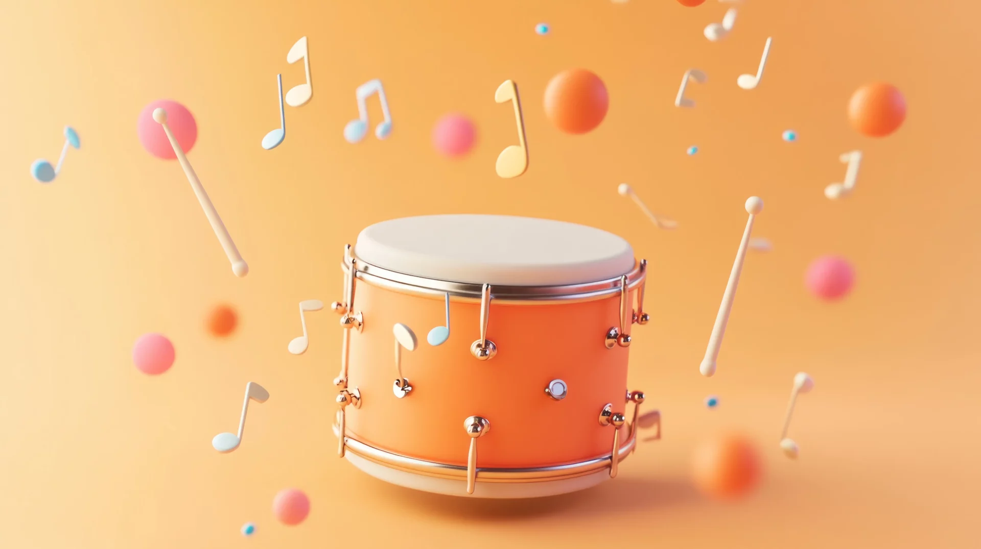 Un tambour orange entouré de notes de musique flottantes sur un fond orange, symbolisant le concept de design sonore.