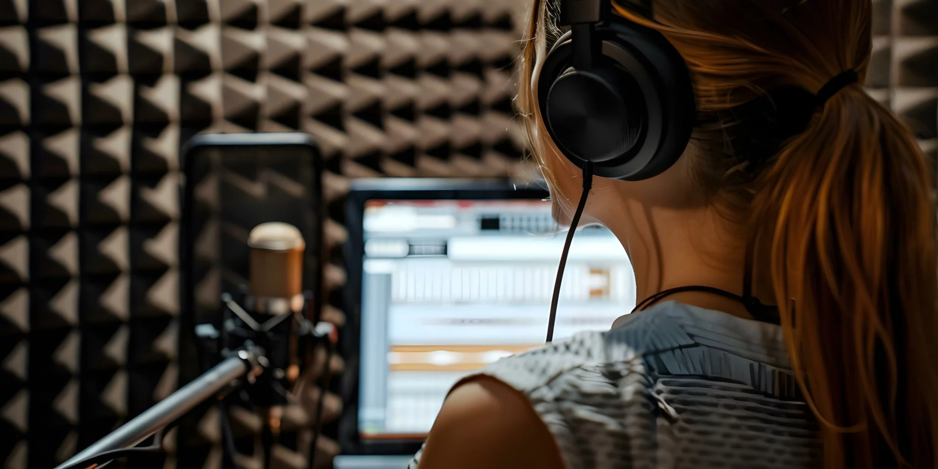 Une femme portant un casque audio dans un studio d’enregistrement, face à un microphone et un écran avec des formes sonores affichées, représentant le processus de création d’une voix-off.