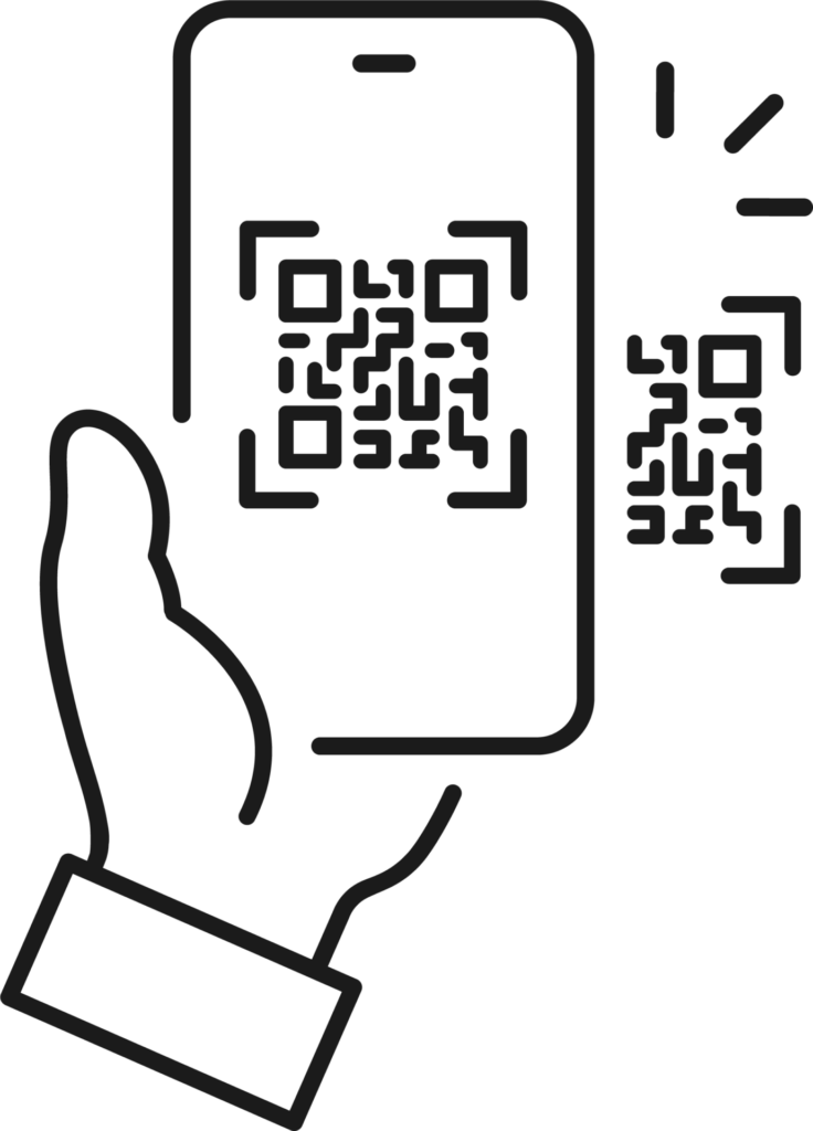  Icône représentant une main tenant un smartphone avec un QR code à l'écran.