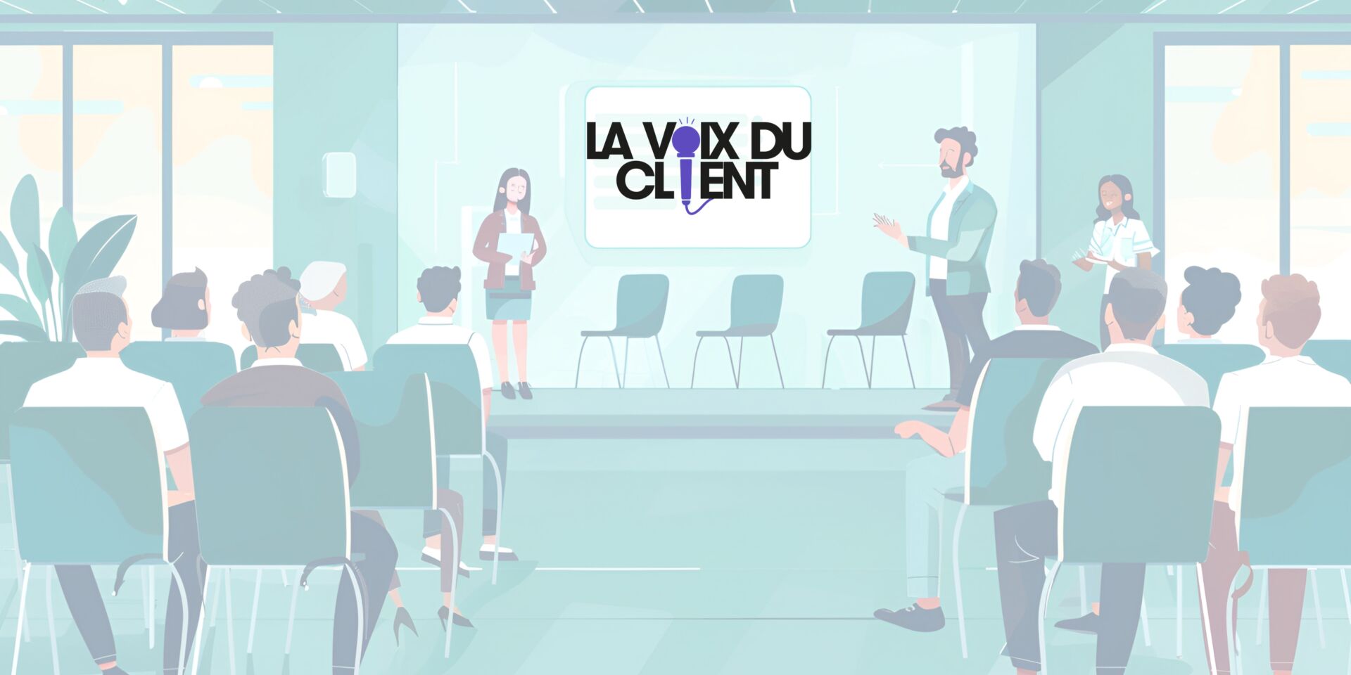 Illustration de personnes assistant à une présentation avec le logo La Voix du Client, symbolisant un accueil téléphonique professionnel pour la Ville de Grenoble