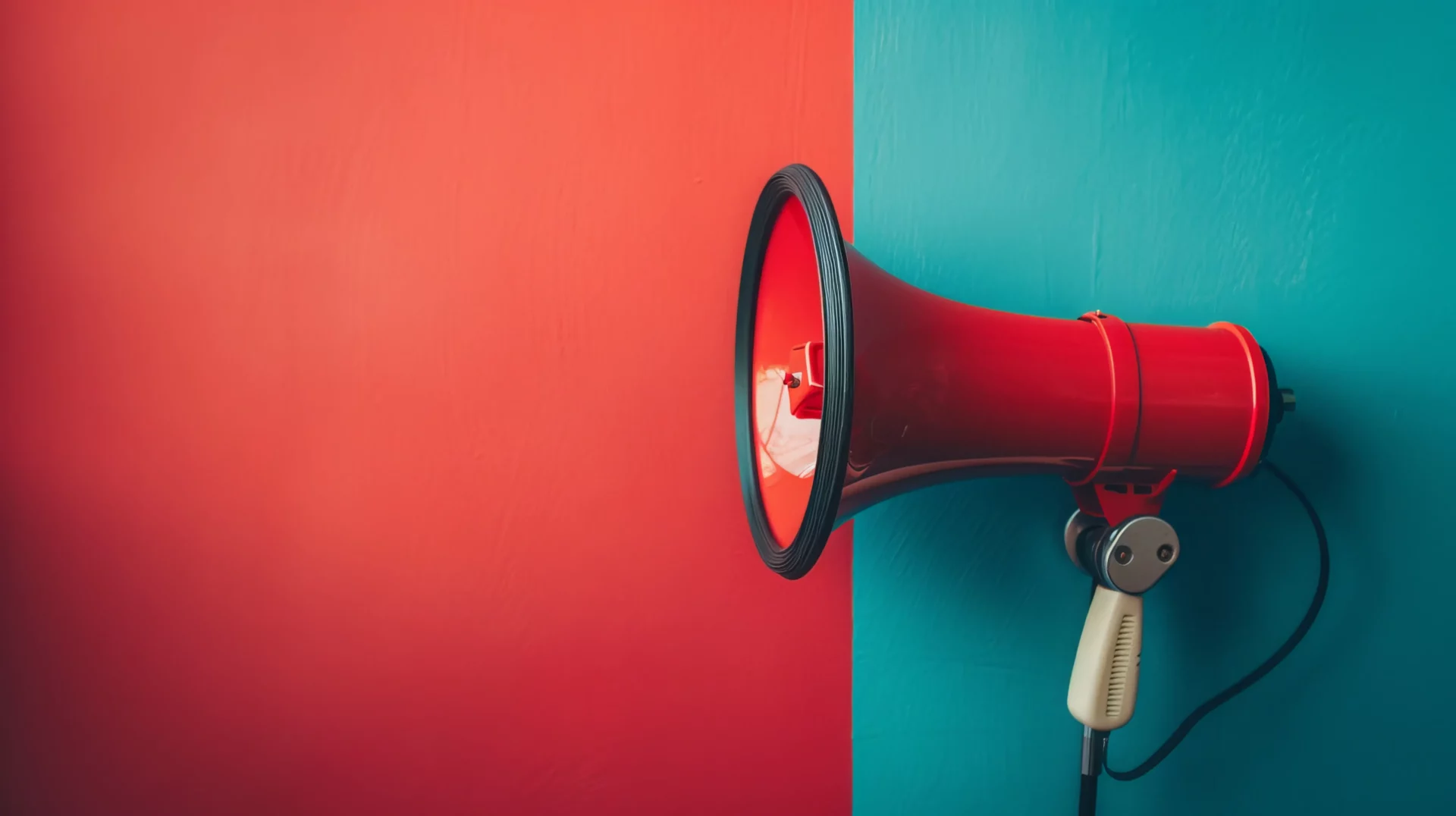 Mégaphone rouge sur fond divisé en rouge et bleu, symbolisant la communication sonore pour PME