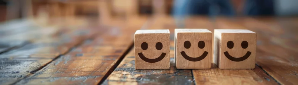 Trois cubes en bois alignés avec des visages souriants, représentant une expérience client positive.  