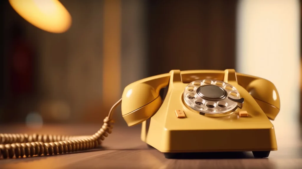 Téléphone vintage jaune avec un combiné et un cadran rotatif, posé sur une table en bois