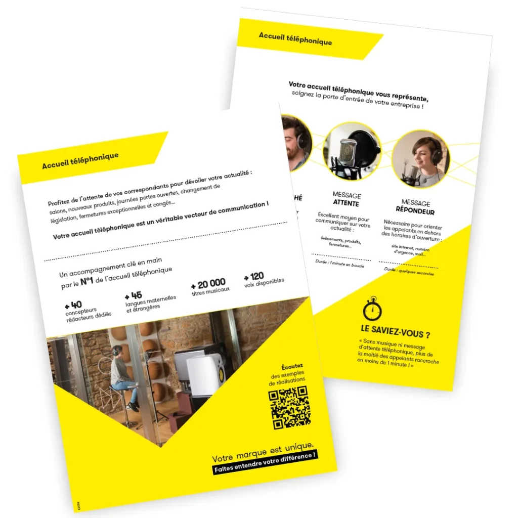 Flyers promotionnels d'ATS Studios pour les services d'accueil téléphonique, incluant un QR code pour écouter des exemples de réalisations.