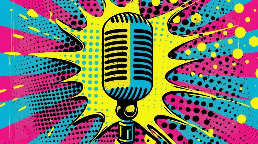 Illustration d'un microphone de podcast en style pop art avec des couleurs vives et des motifs. 