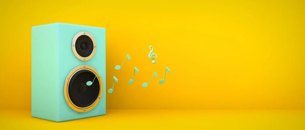 Image d'un haut-parleur turquoise émettant des notes de musique sur un fond jaune vif, symbolisant l'importance du marketing sonore en entreprise.