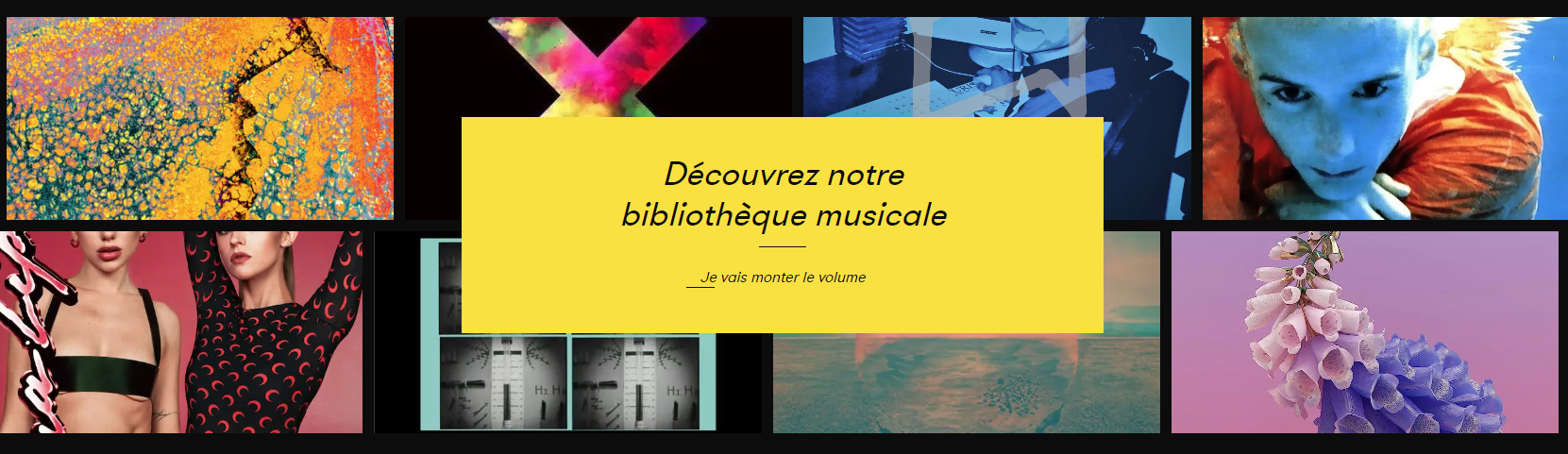 Montage d'images artistiques avec le texte "Découvrez notre bibliothèque musicale