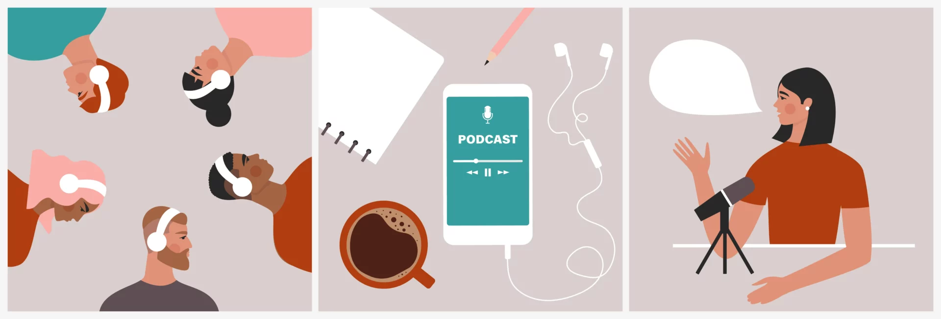  Illustration représentant des personnes écoutant un podcast et un animateur en train d'enregistrer, symbolisant l'usage du podcast pour la communication d'entreprise.