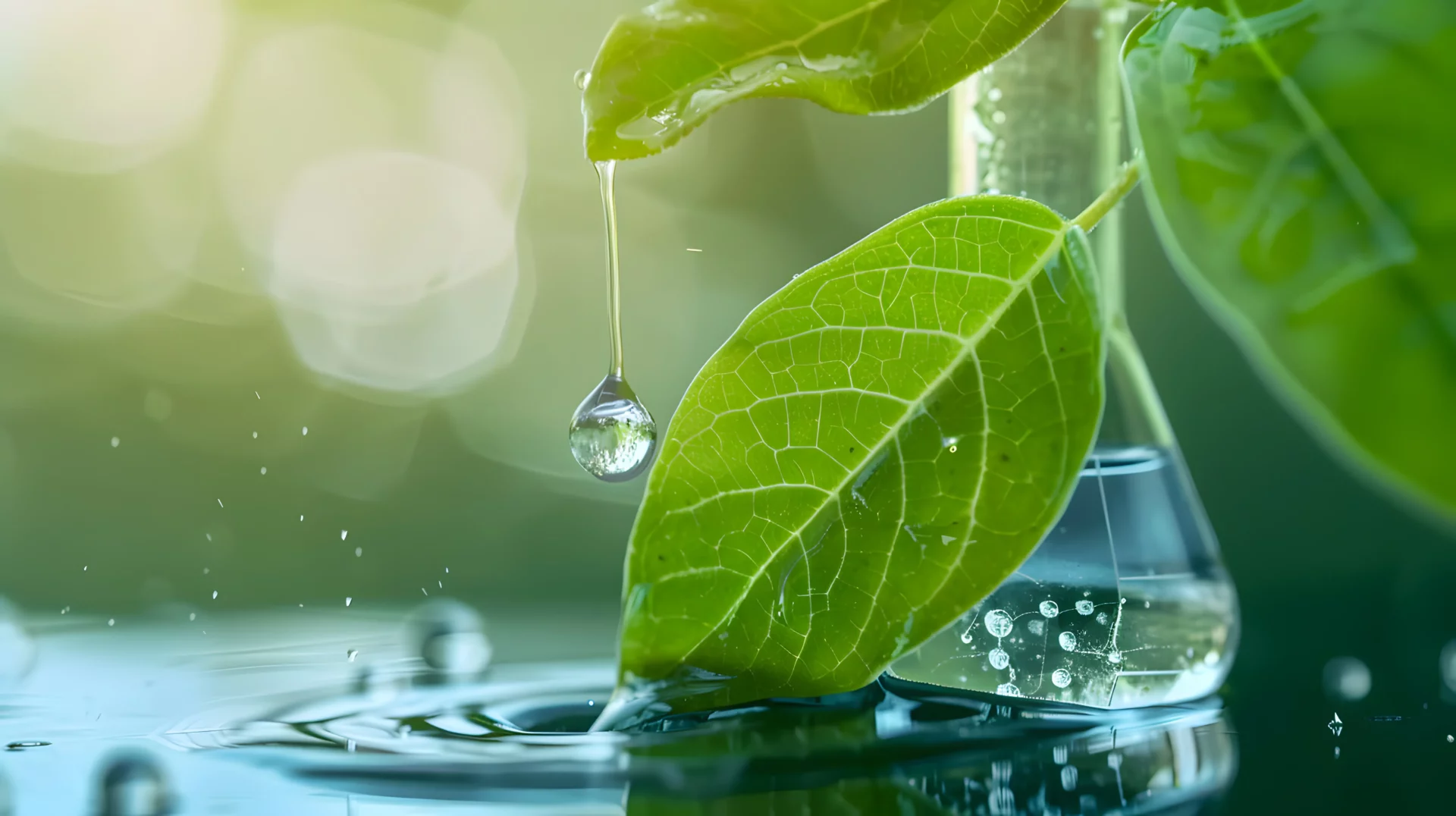 Goutte d'eau tombant d'une feuille verte avec un flacon en arrière-plan, représentant les produits naturels du laboratoire Dayang mis en avant dans le message d'attente téléphonique