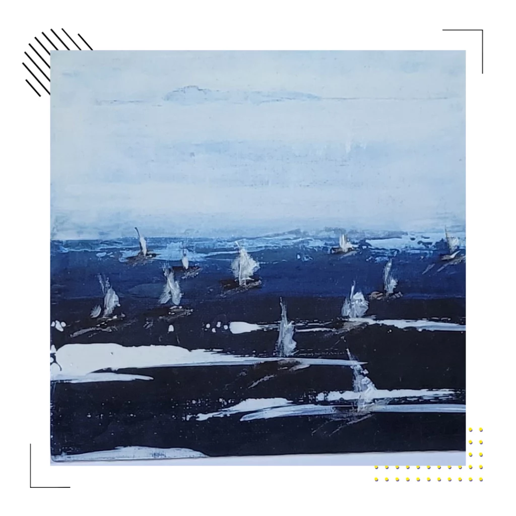 Peinture abstraite représentant un paysage marin avec des voiliers blancs sur une mer bleue sombre.