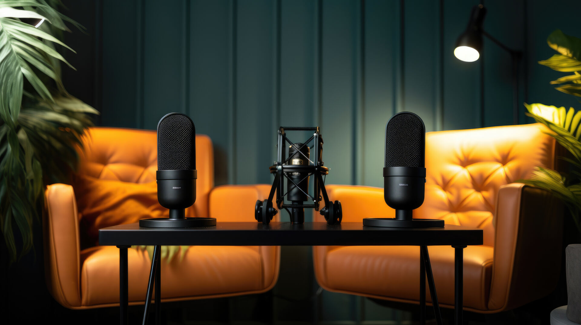 Deux microphones posés sur une table dans un studio de podcast avec des fauteuils orange et une lumière tamisée