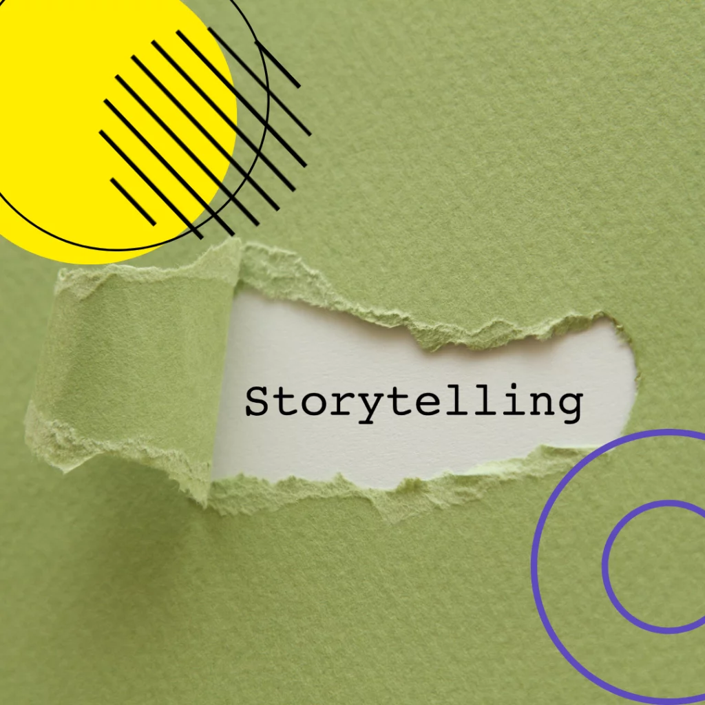 Illustration créative avec le mot "Storytelling" déchiré sur fond vert pour le storytelling en entreprise.