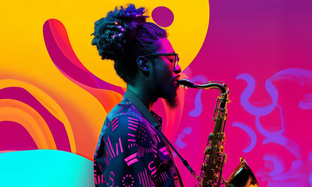 Musicien jouant du saxophone devant un décor vibrant, symbolisant l'impact du son sur l'engagement et l'émotion.