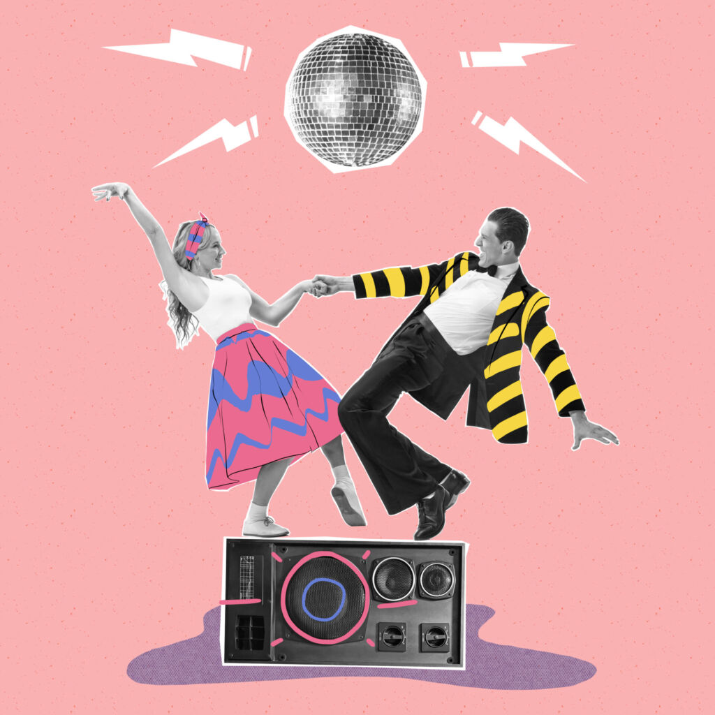 Couple dansant devant un haut-parleur vintage illustrant la puissance émotionnelle d’une signature sonore