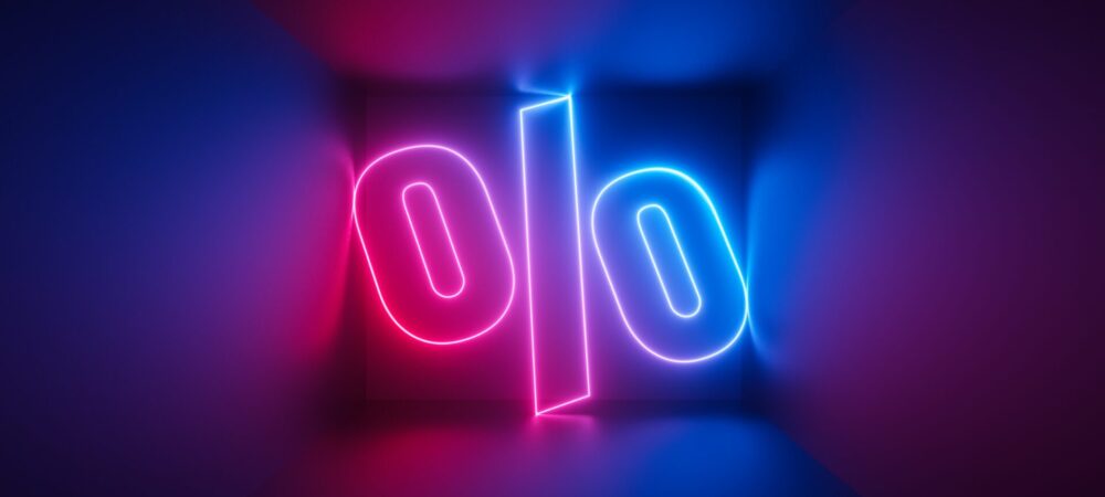 Illustration néon d’un symbole de pourcentage représentant l’impact chiffré de la communication sonore